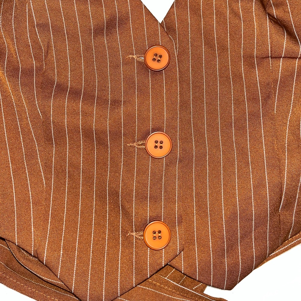 Brown and white striped halter vest with button-down front and tie straps